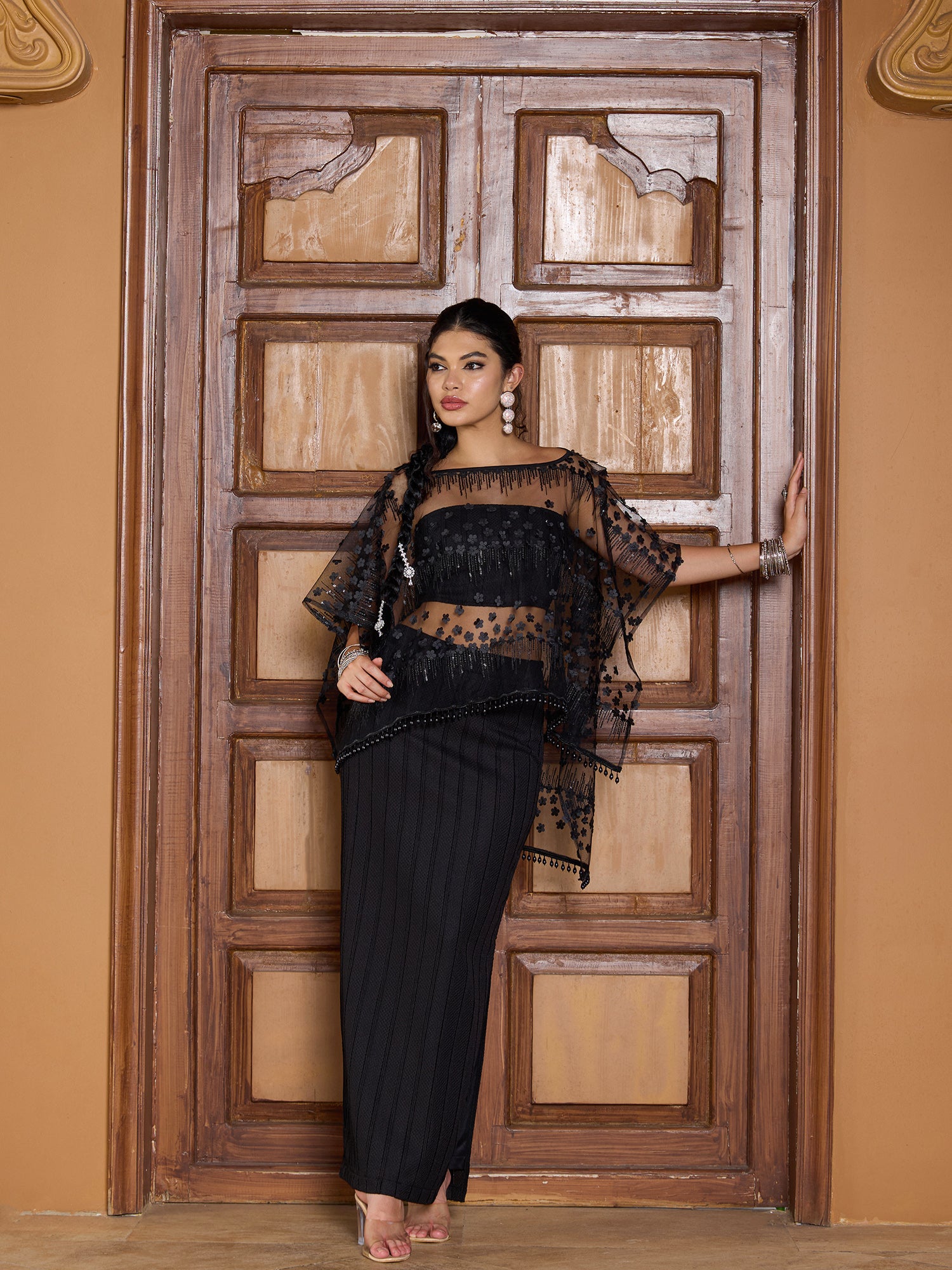 Women Black Sheer Embroidered Kurta with Trousers & Dupatta Set