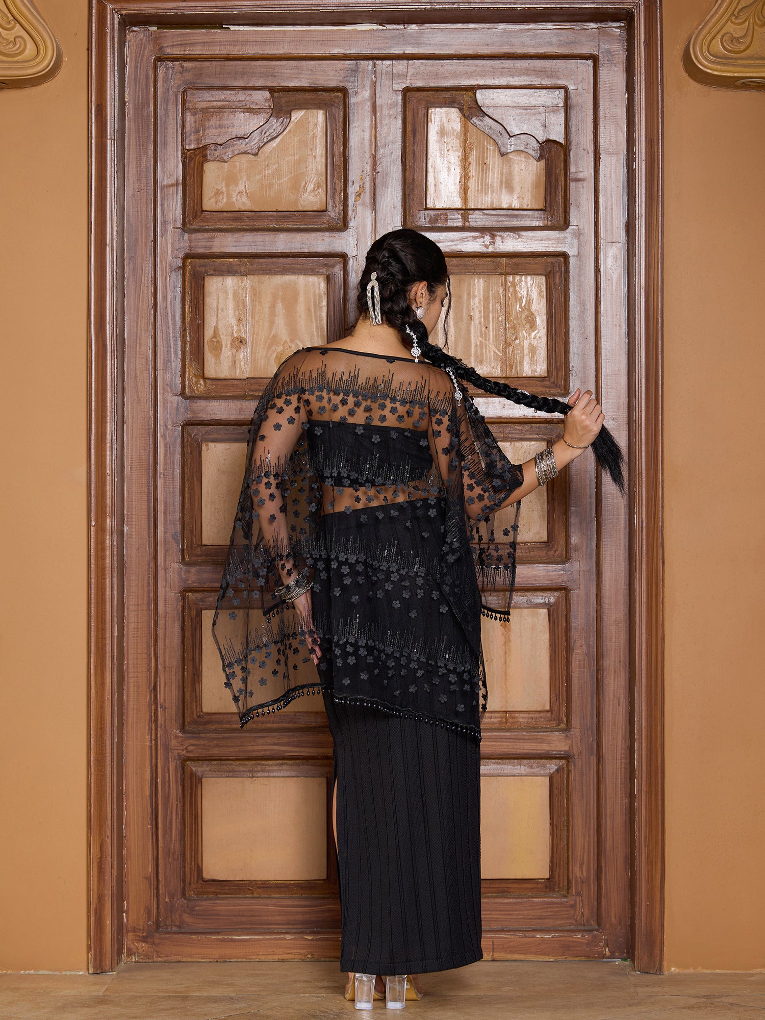 Women Black Sheer Embroidered Kurta with Trousers & Dupatta Set