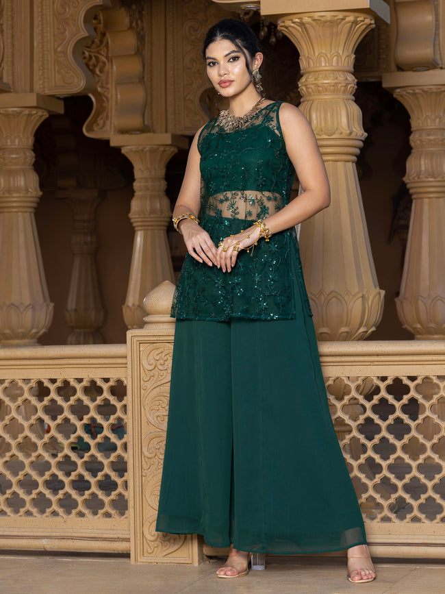 Women Green Floral Embroidered Kurta with Palazzo & Dupatta Set