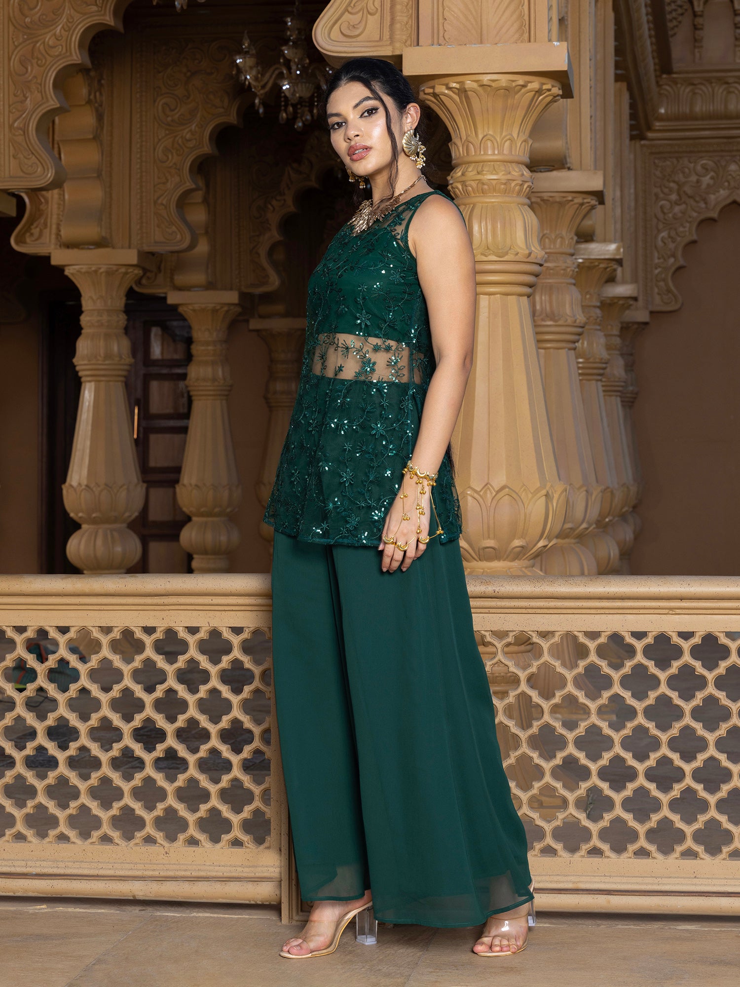 Women Green Floral Embroidered Kurta with Palazzo & Dupatta Set