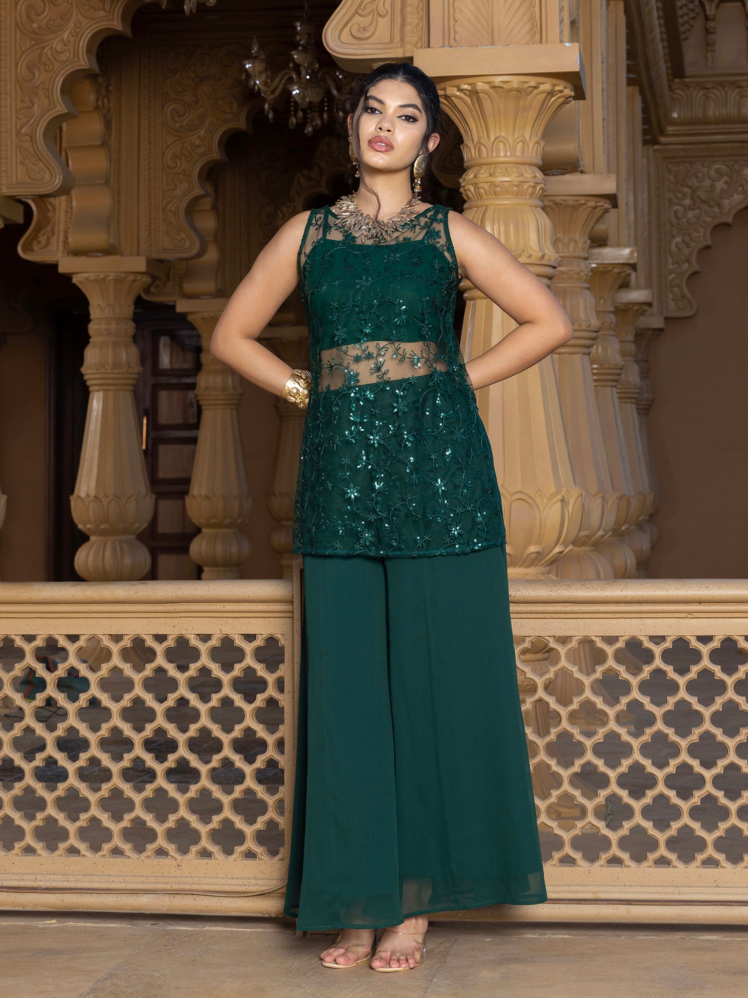 Women Green Floral Embroidered Kurta with Palazzo & Dupatta Set