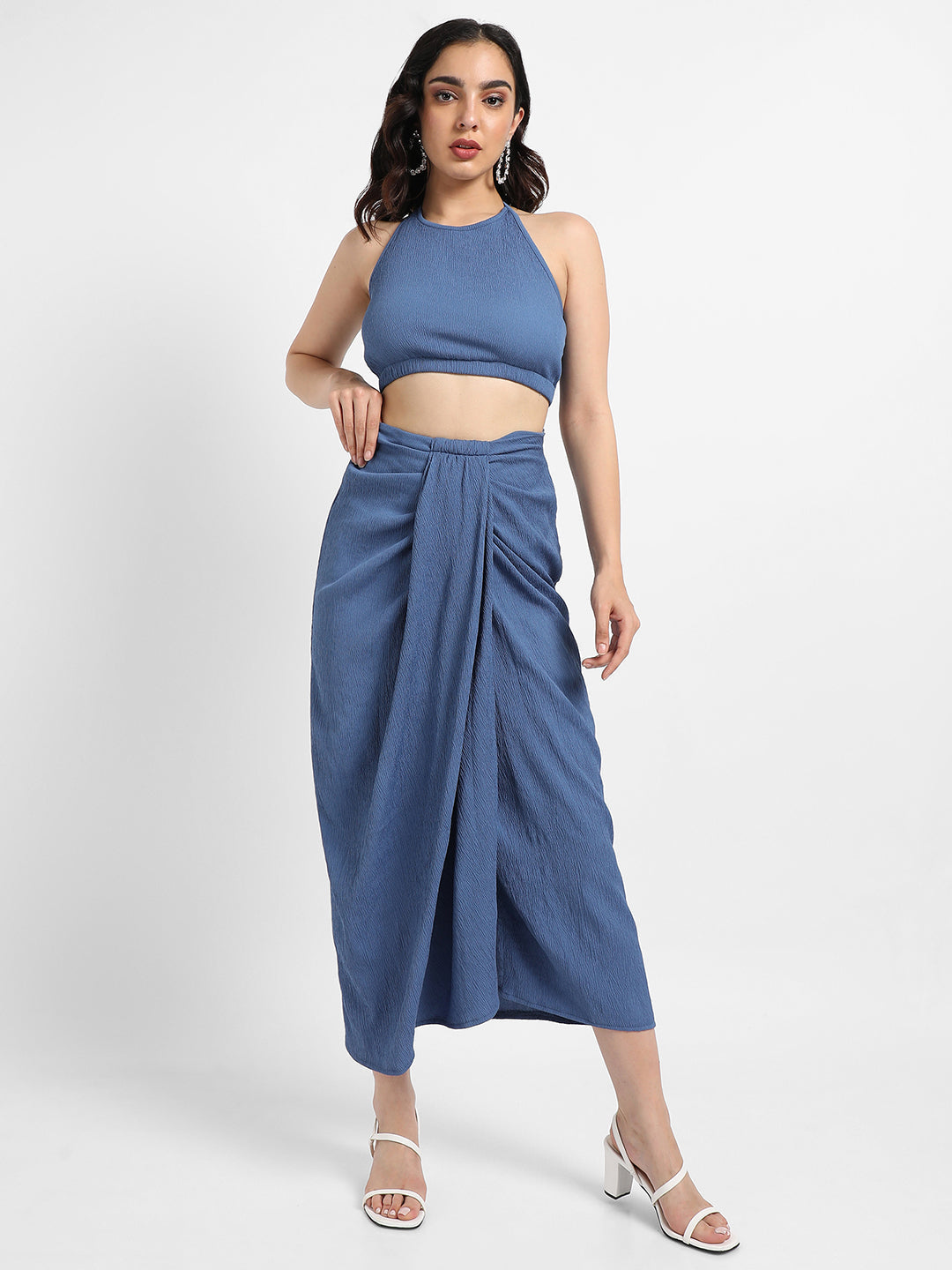 Women Blue Navy Blue Draped Co-Ord Set