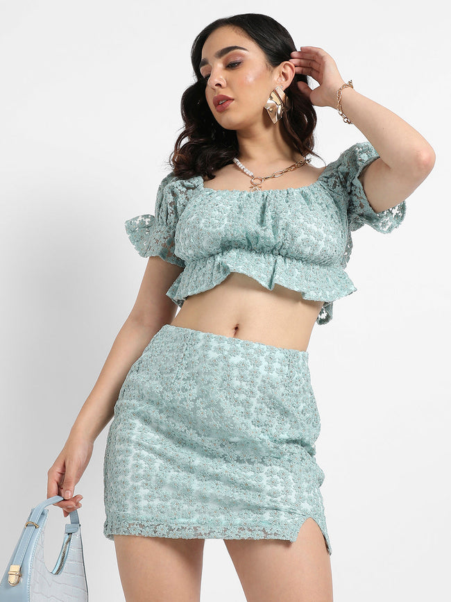 Women Green Cropped Self-Design Co-Ord Set