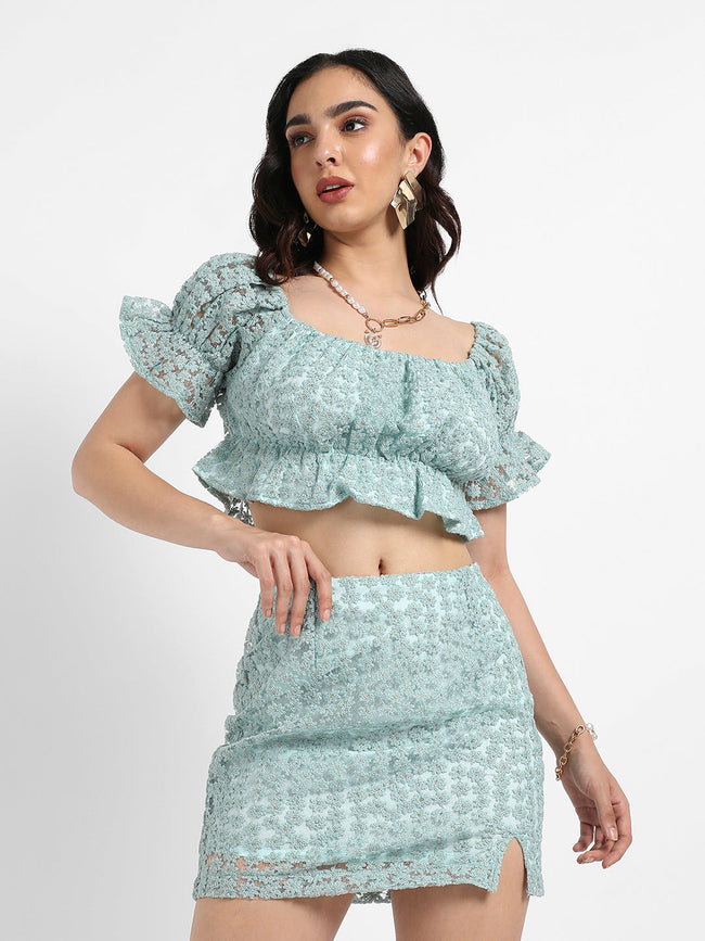 Women Green Cropped Self-Design Co-Ord Set