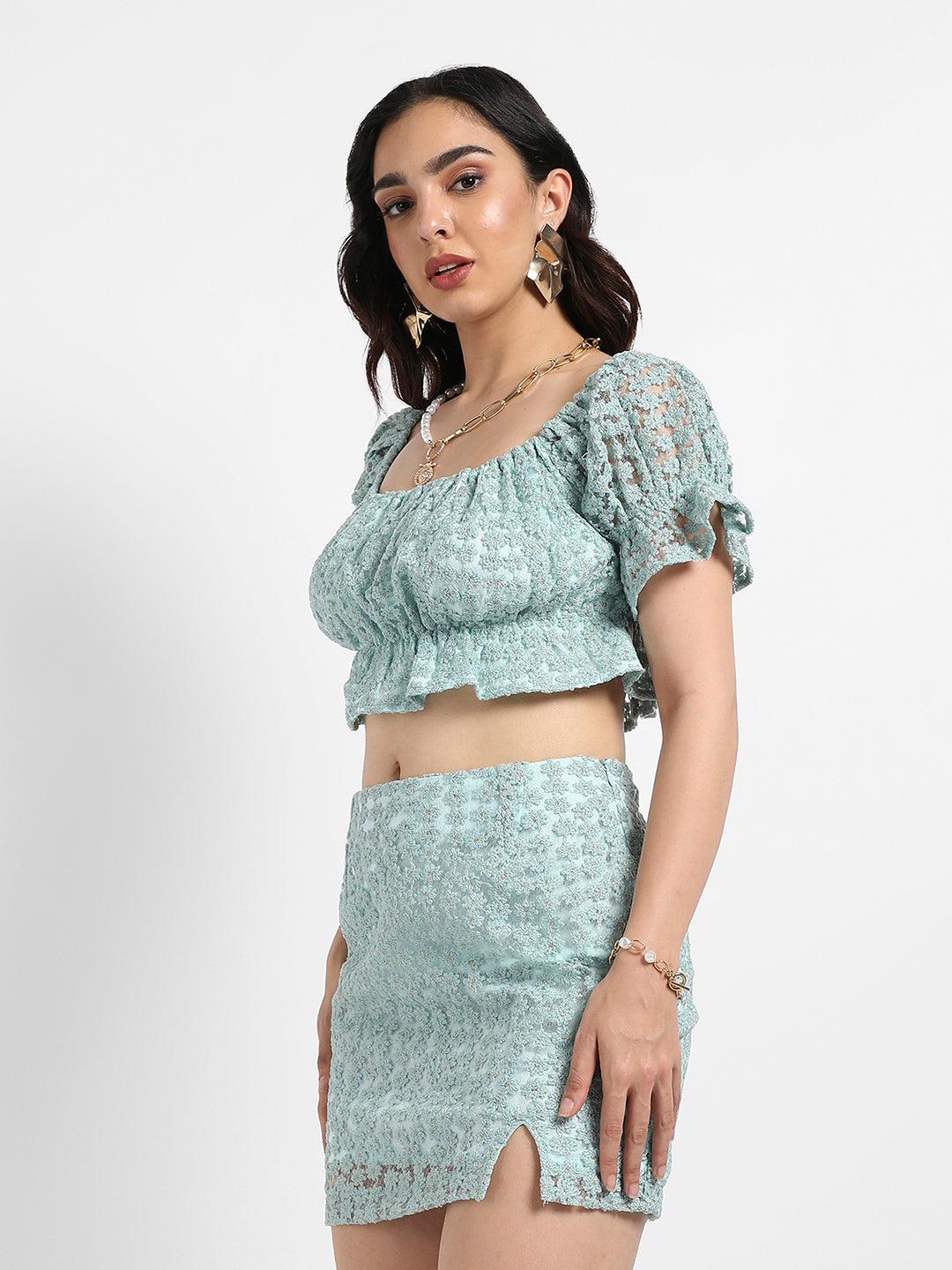 Women Green Cropped Self-Design Co-Ord Set