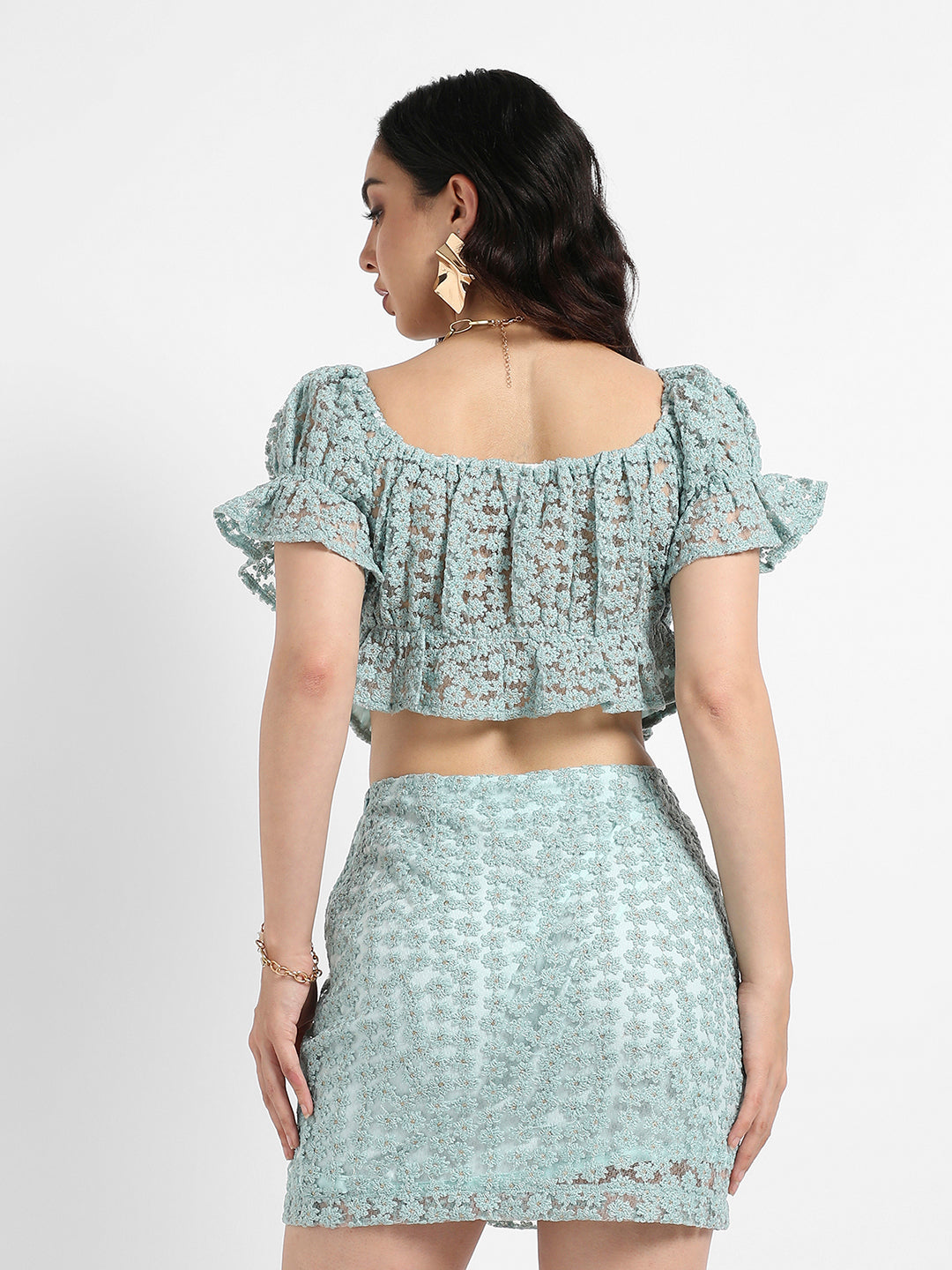 Women Green Cropped Self-Design Co-Ord Set