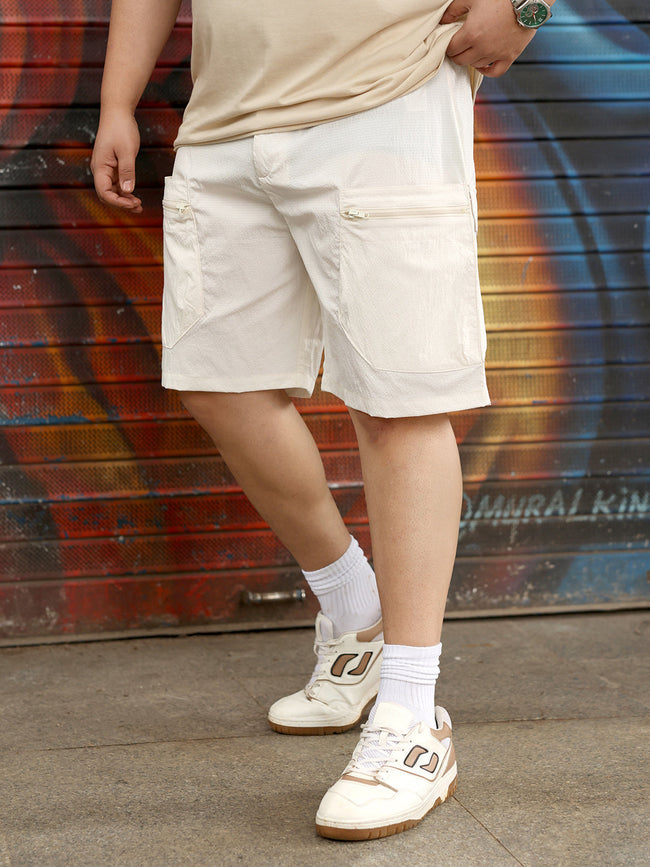 Men Cream White Modular-Utility Shorts