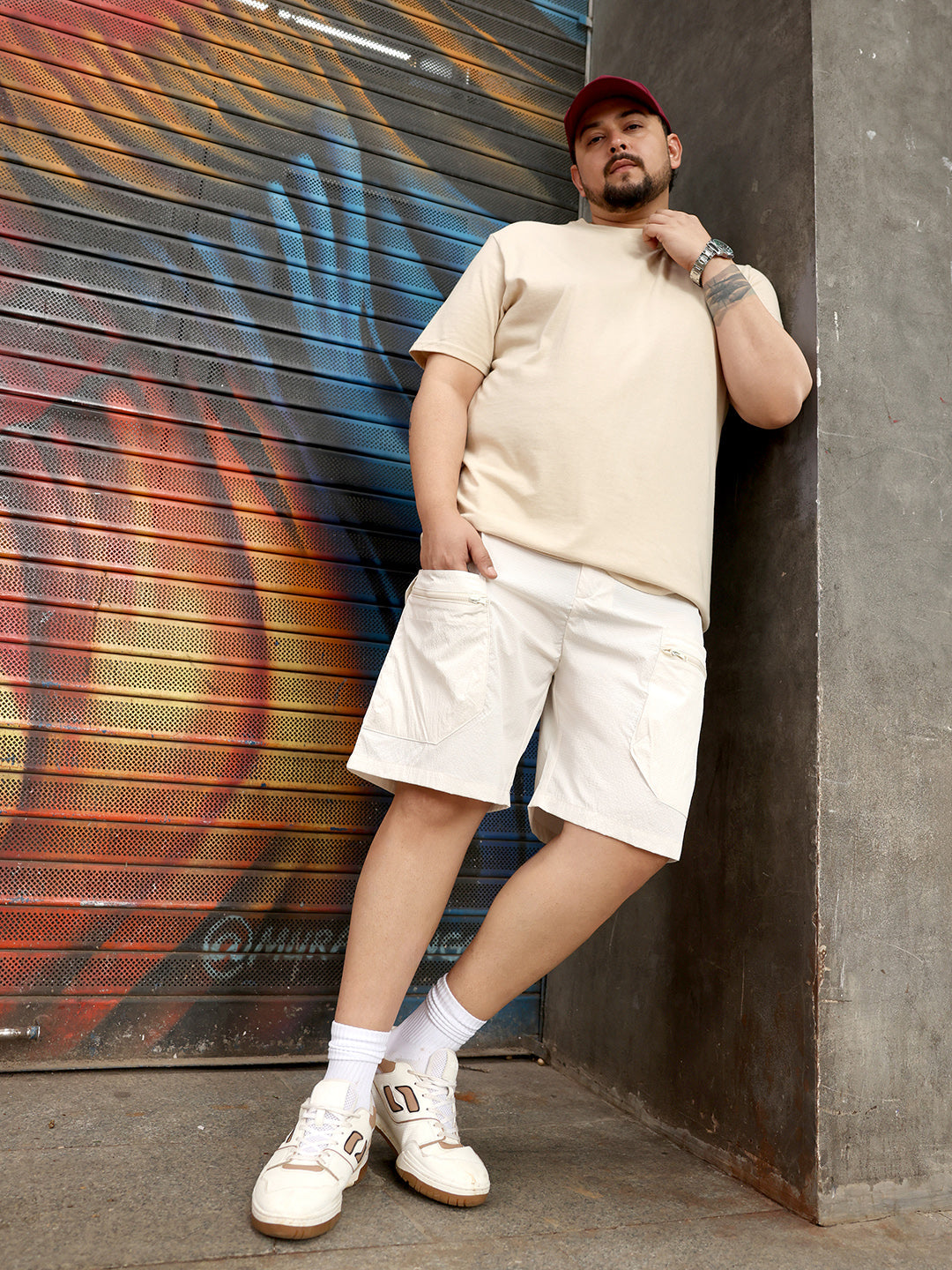 Men Cream White Modular-Utility Shorts
