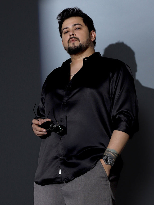 Men Midnight Black Solid-Satin Regular Shirt