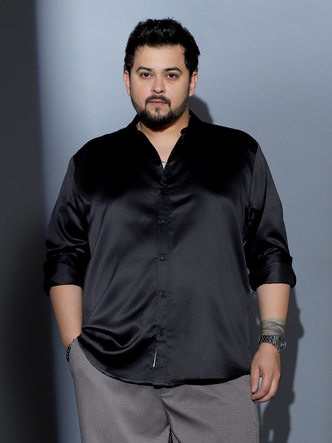 Men Midnight Black Solid-Satin Regular Shirt
