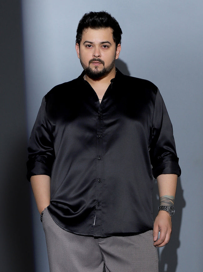 Men Midnight Black Solid-Satin Regular Shirt