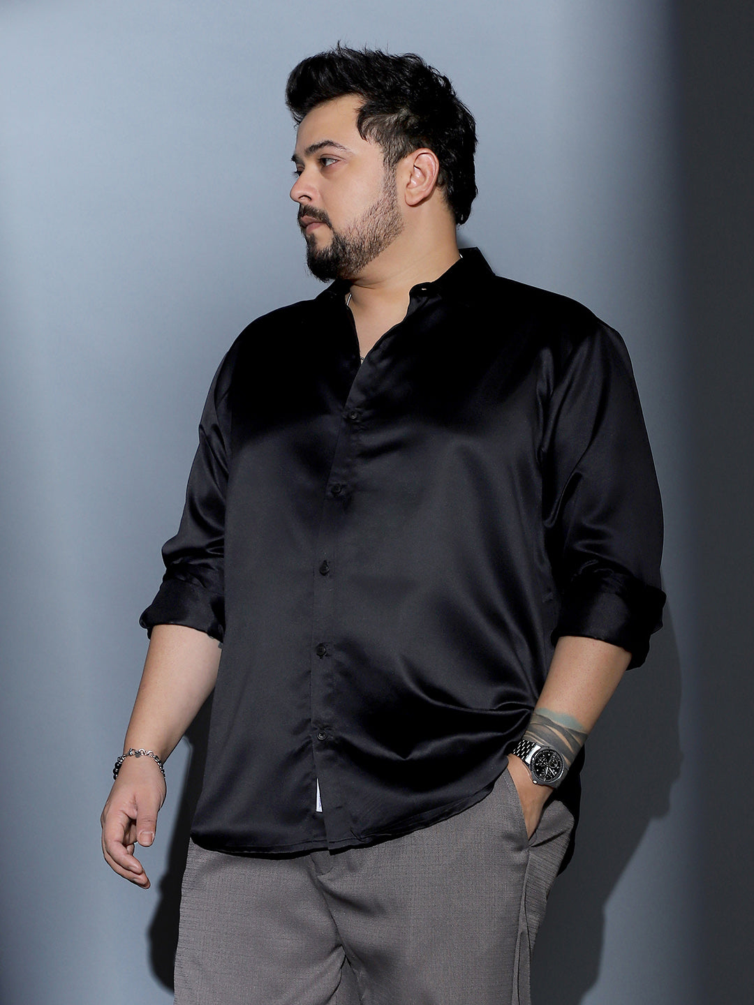 Men Midnight Black Solid-Satin Regular Shirt
