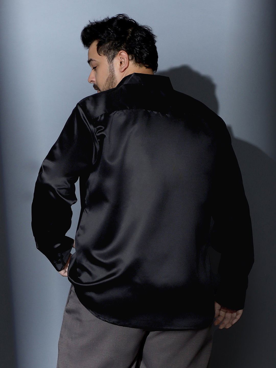 Men Midnight Black Solid-Satin Regular Shirt