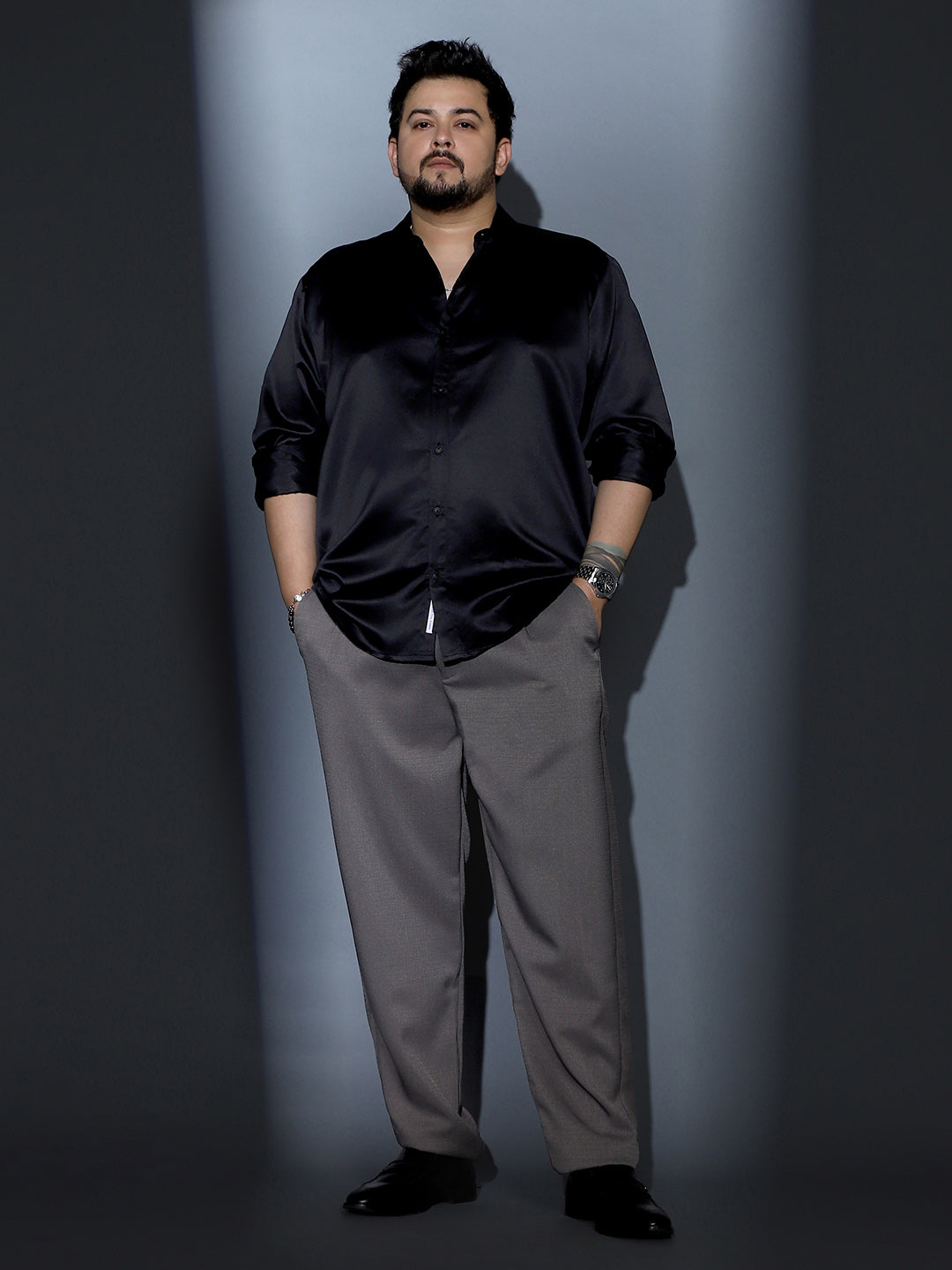 Men Midnight Black Solid-Satin Regular Shirt