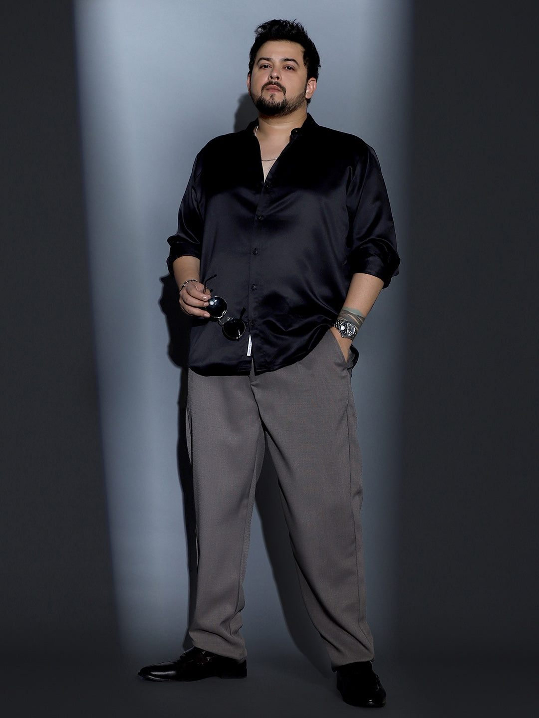 Men Midnight Black Solid-Satin Regular Shirt
