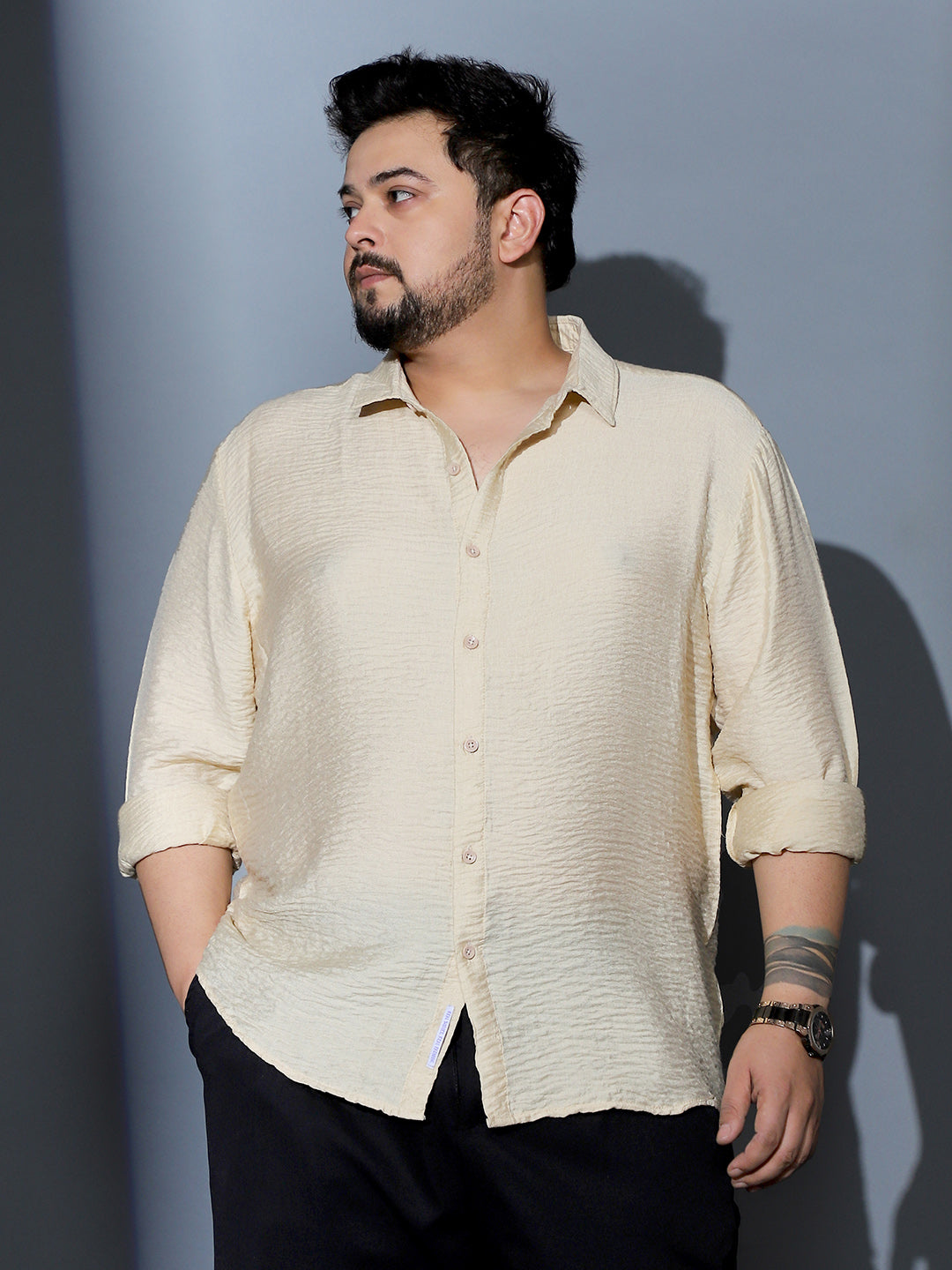 Men Off-White Solid Creased-Tactile Shirt