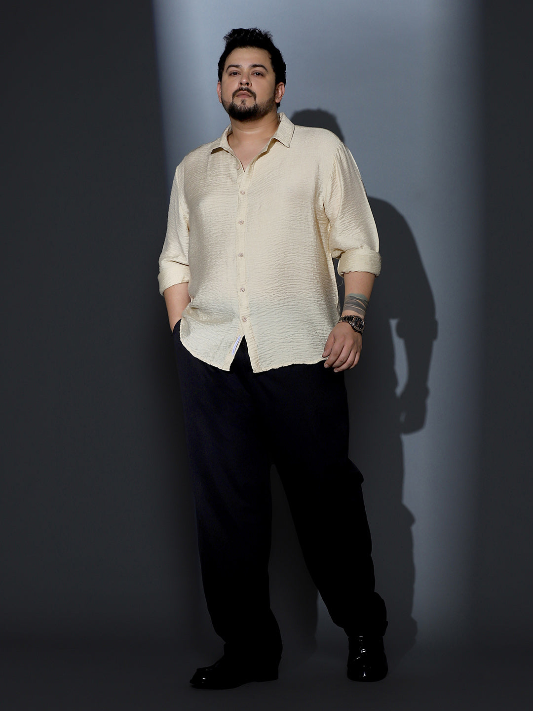 Men Off-White Solid Creased-Tactile Shirt