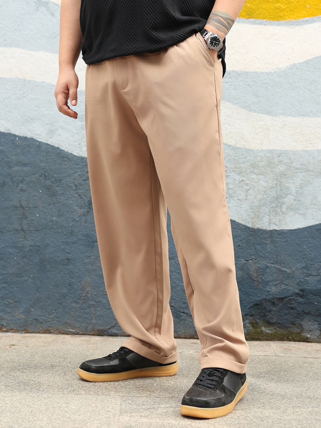 Men Khaki Brown Pleated-Twill Tailored Trousers