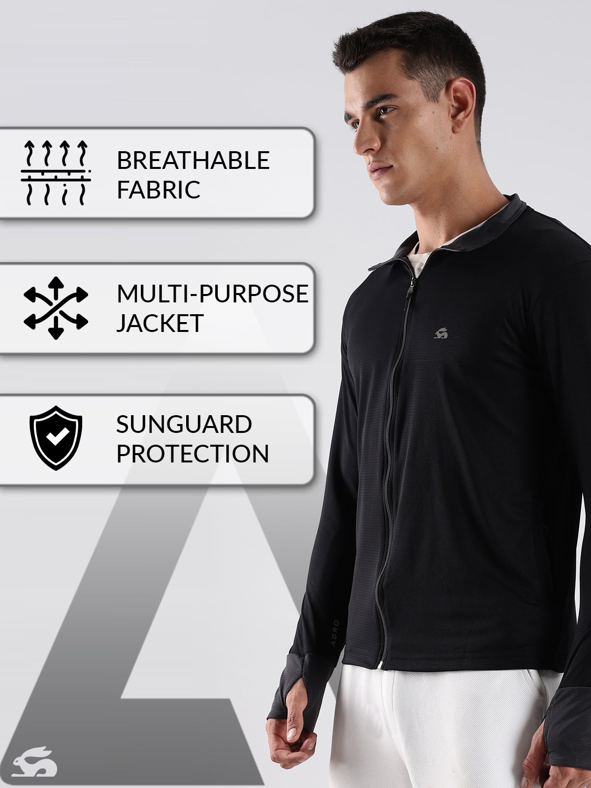 Men Black Sunscreen Jacket With UV Protection And Zipper