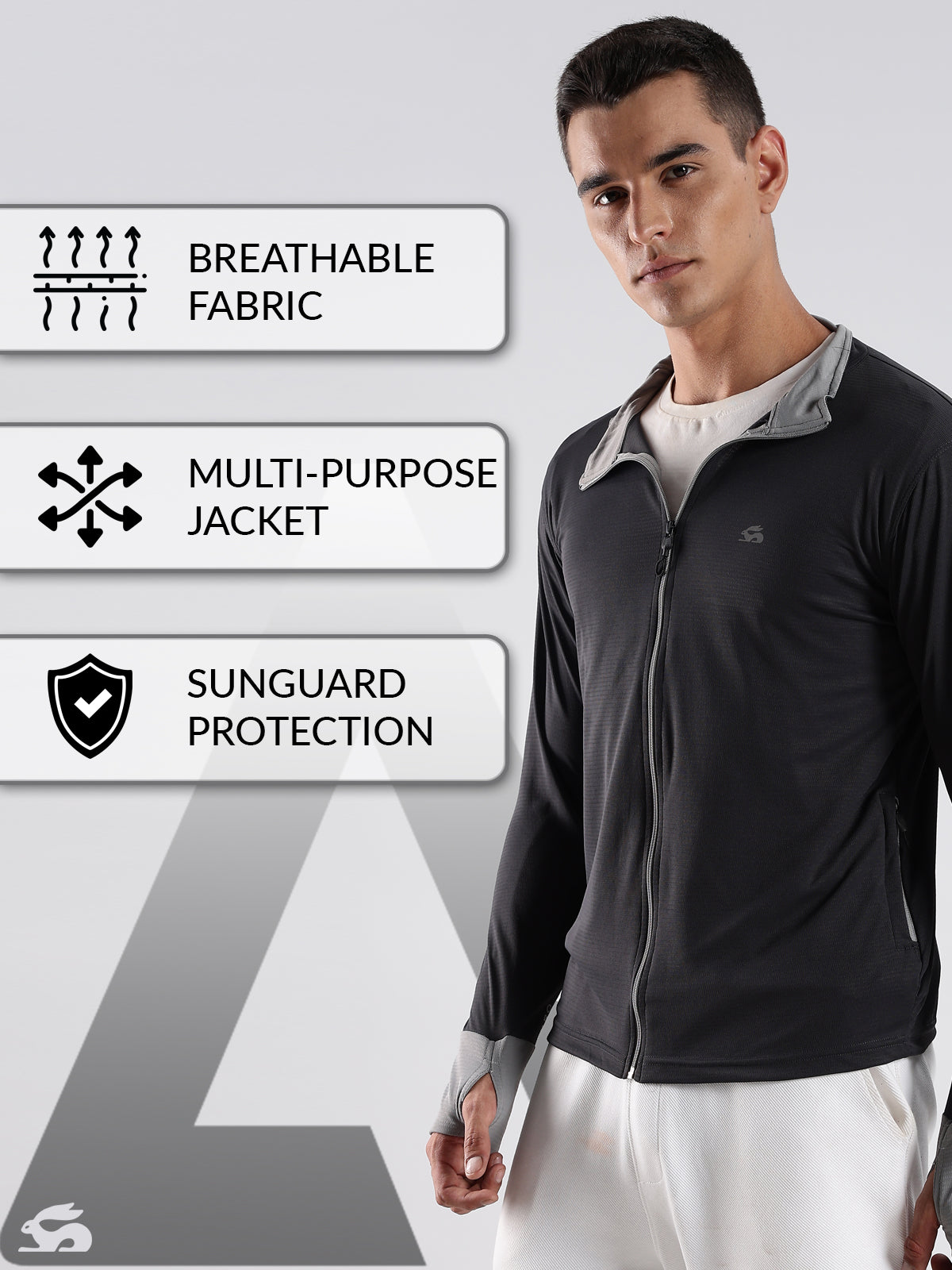 Men Grey Sunscreen Jacket With UV Protection And Zipper