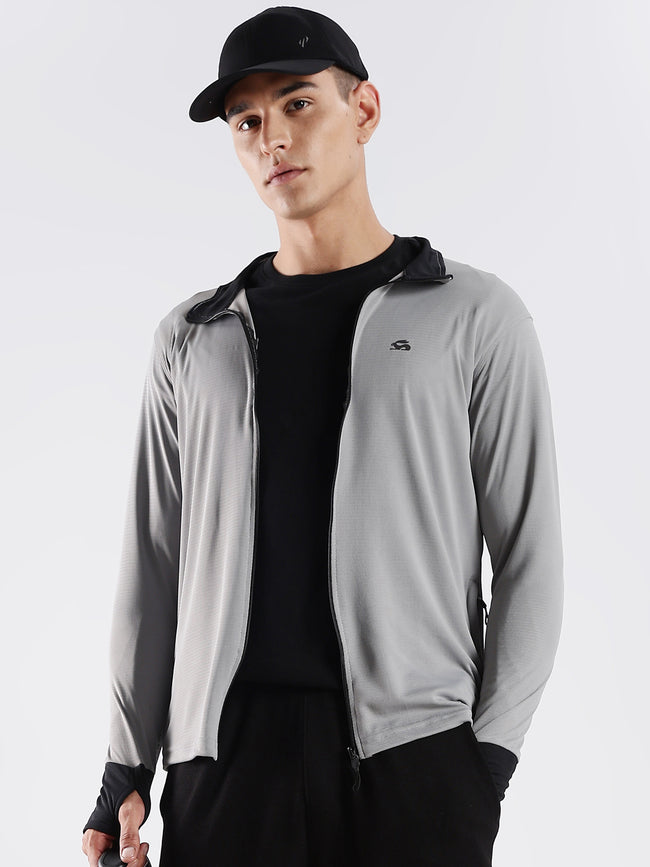 Men Grey Sunscreen Jacket With UV Protection And Zipper