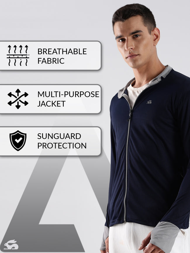 Men Navy Sunscreen Jacket With UV Protection And Zipper