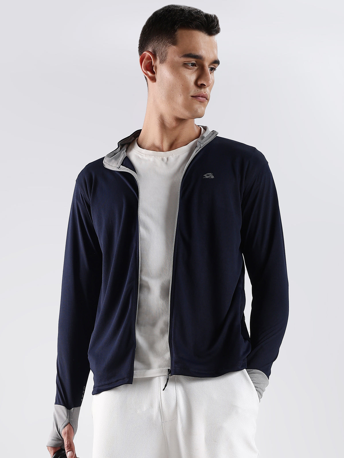 Men Navy Sunscreen Jacket With UV Protection And Zipper