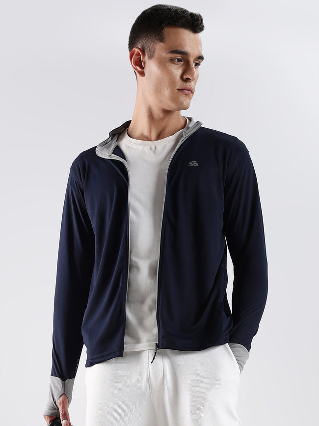 Men Navy Sunscreen Jacket With UV Protection And Zipper