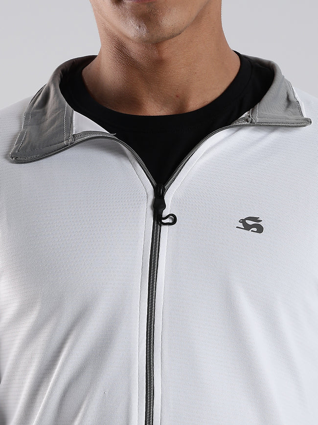 Men White Sunscreen Jacket With UV Protection And Zipper