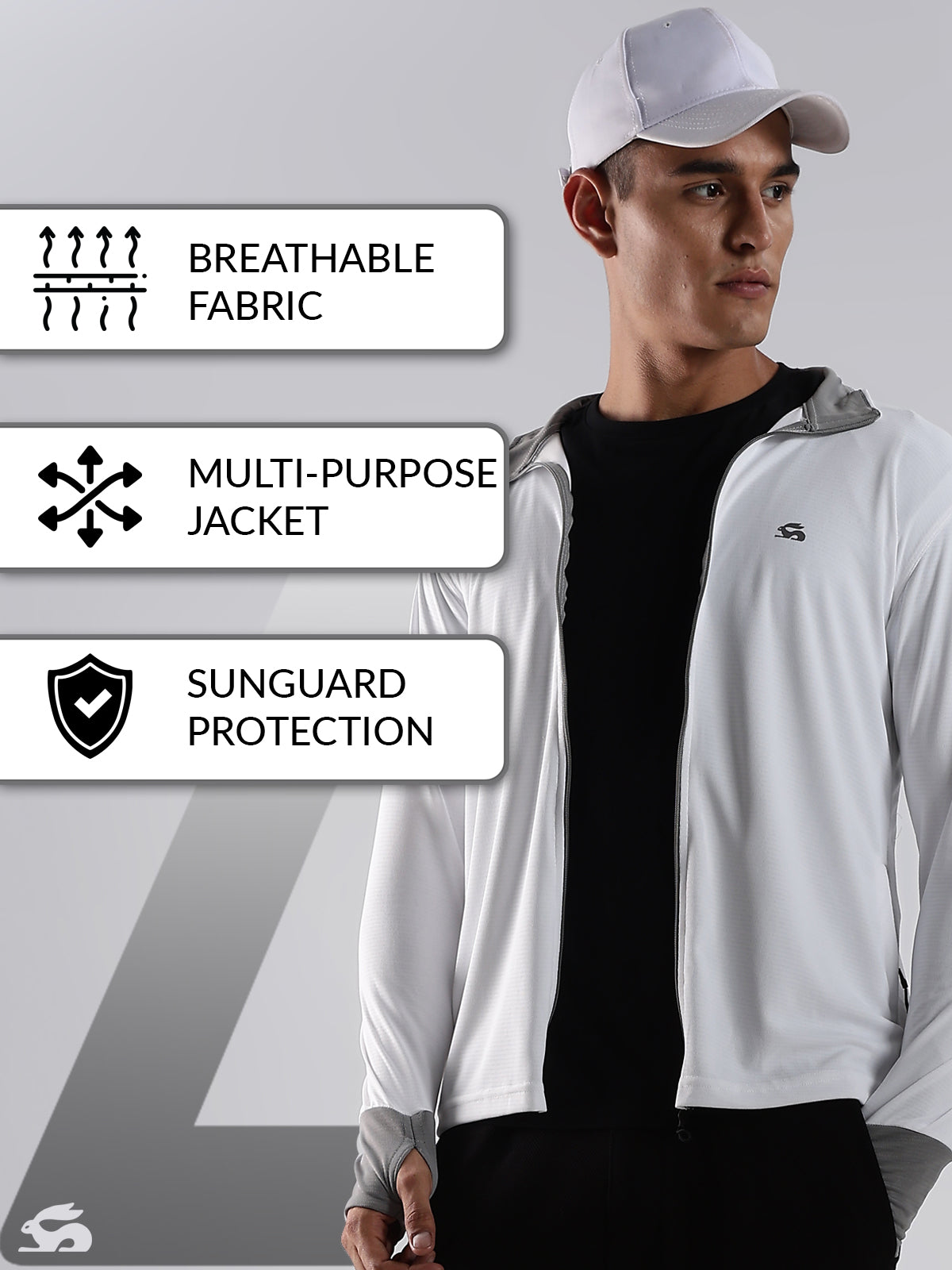 Men White Sunscreen Jacket With UV Protection And Zipper