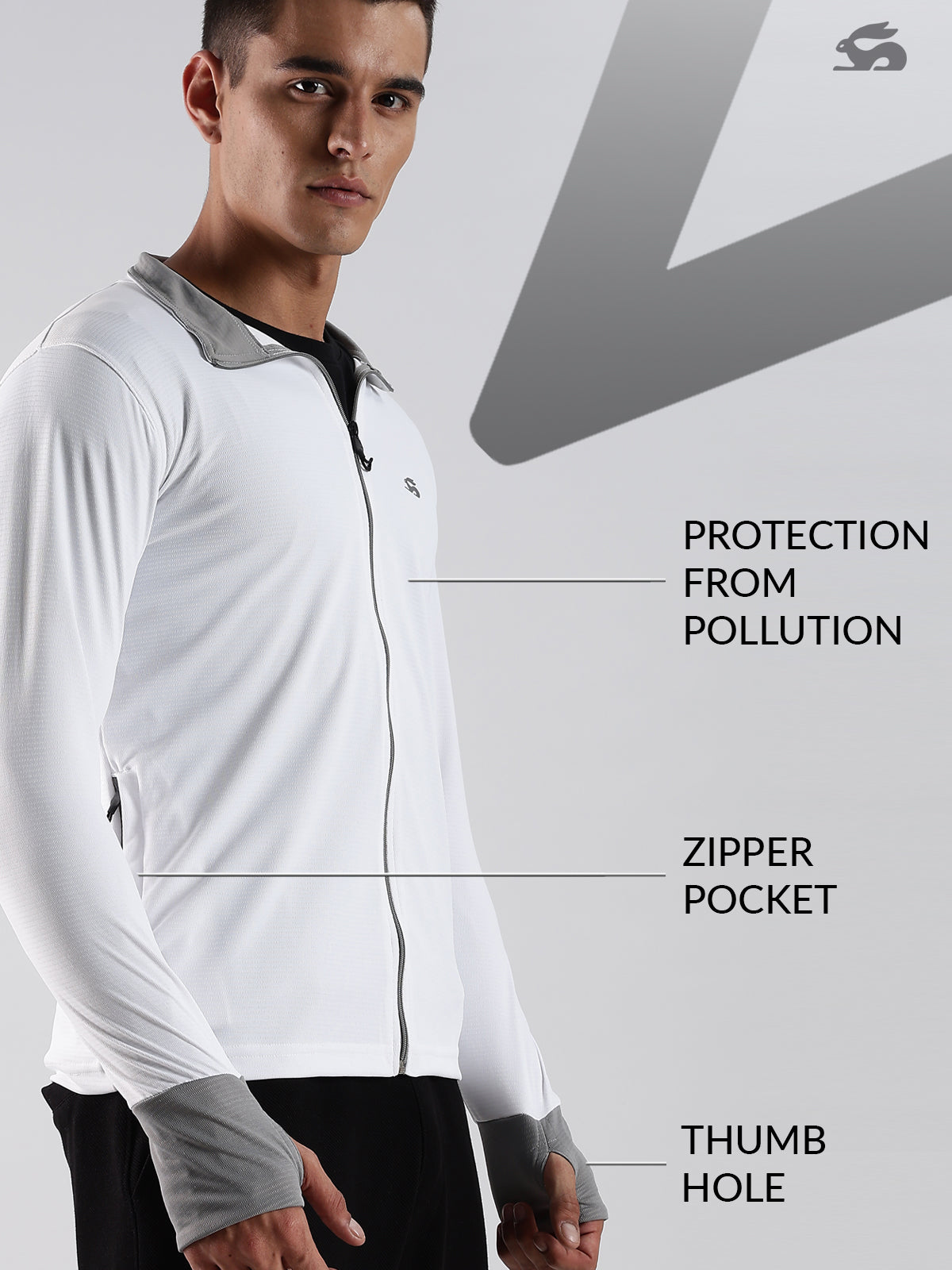Men White Sunscreen Jacket With UV Protection And Zipper