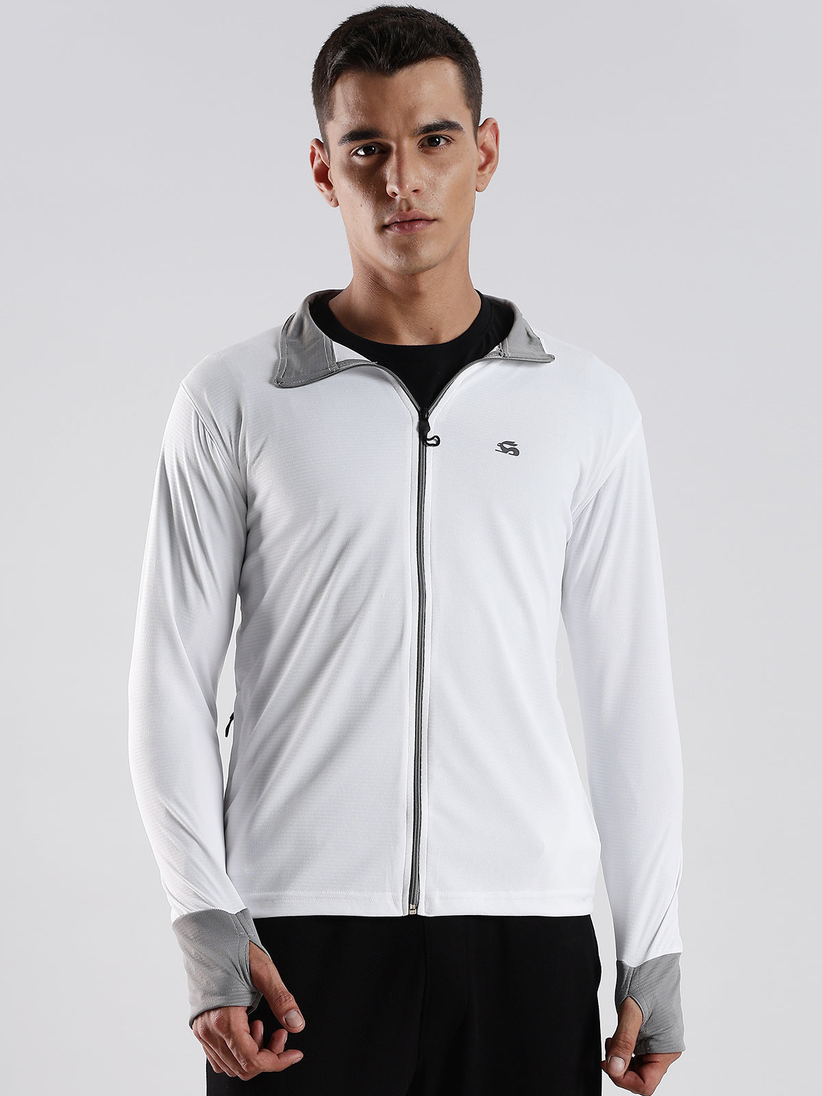 Men White Sunscreen Jacket With UV Protection And Zipper