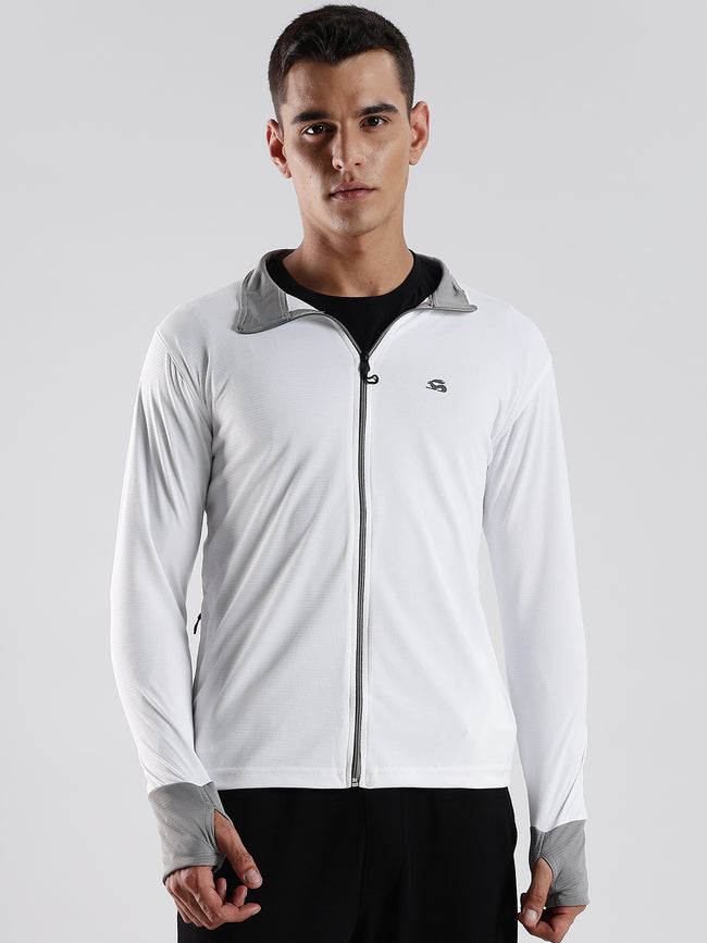 Men White Sunscreen Jacket With UV Protection And Zipper