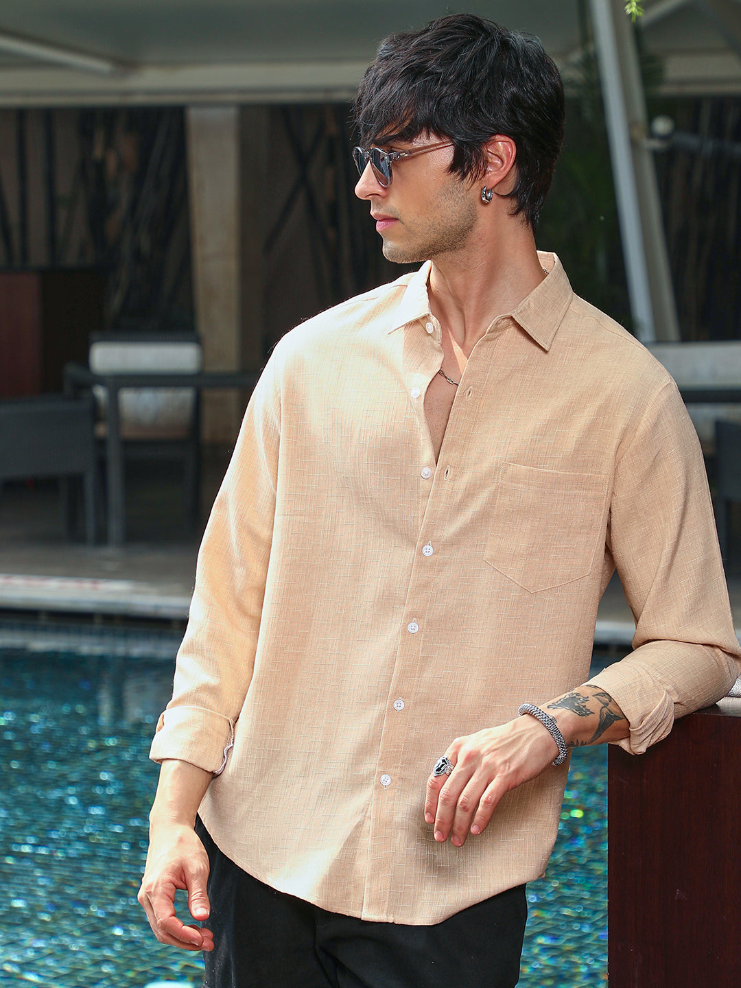 Men Buff Beige Cubic Velvet Utility Shacket
