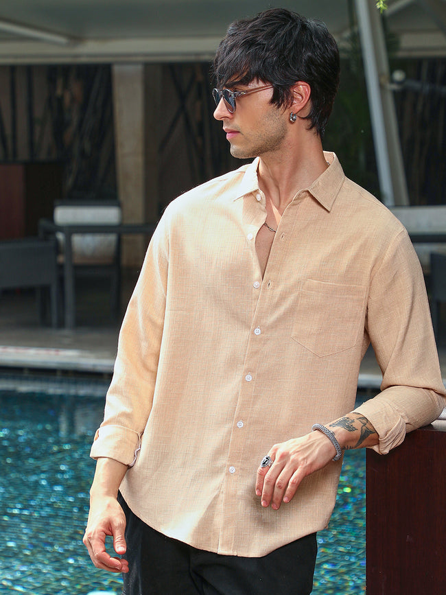 Men Buff Beige Cubic Velvet Utility Shacket