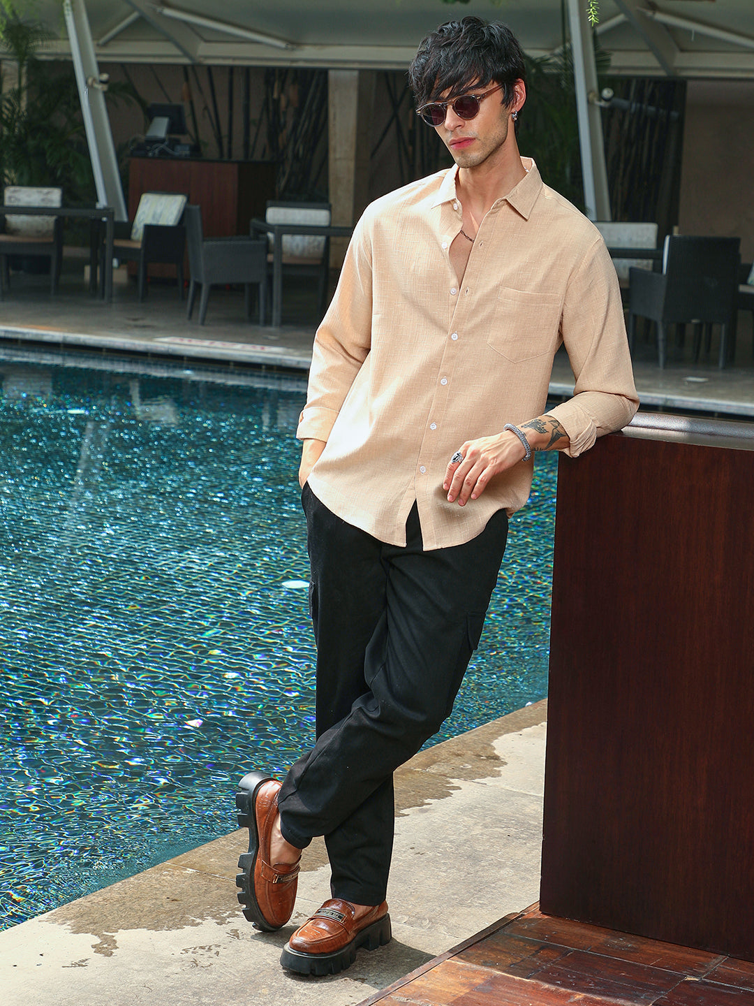 Men Buff Beige Cubic Velvet Utility Shacket