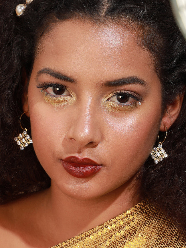 Women Gold Plated Designer Stone Party Hoop Earring