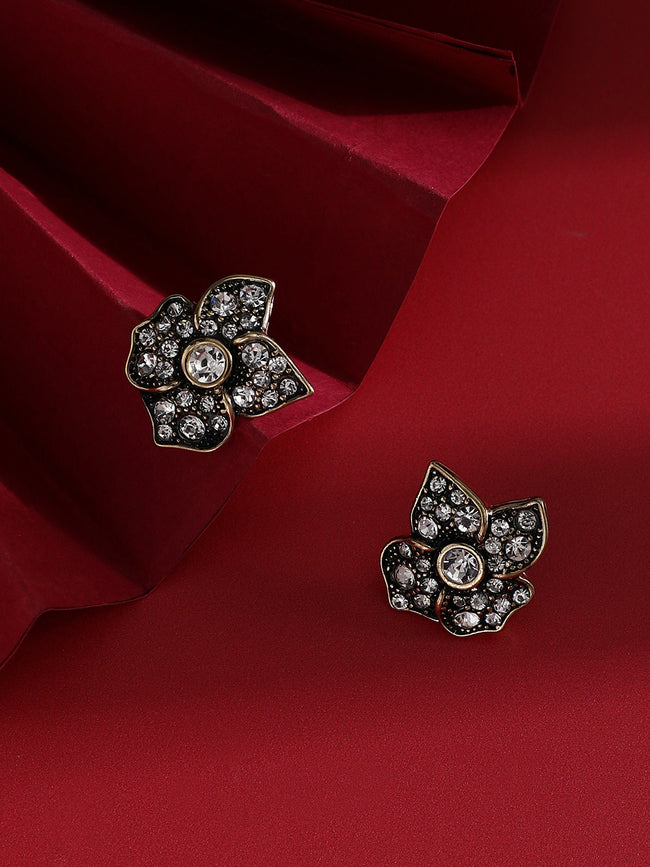 Women Gold plated rhinestones black flower stud earring