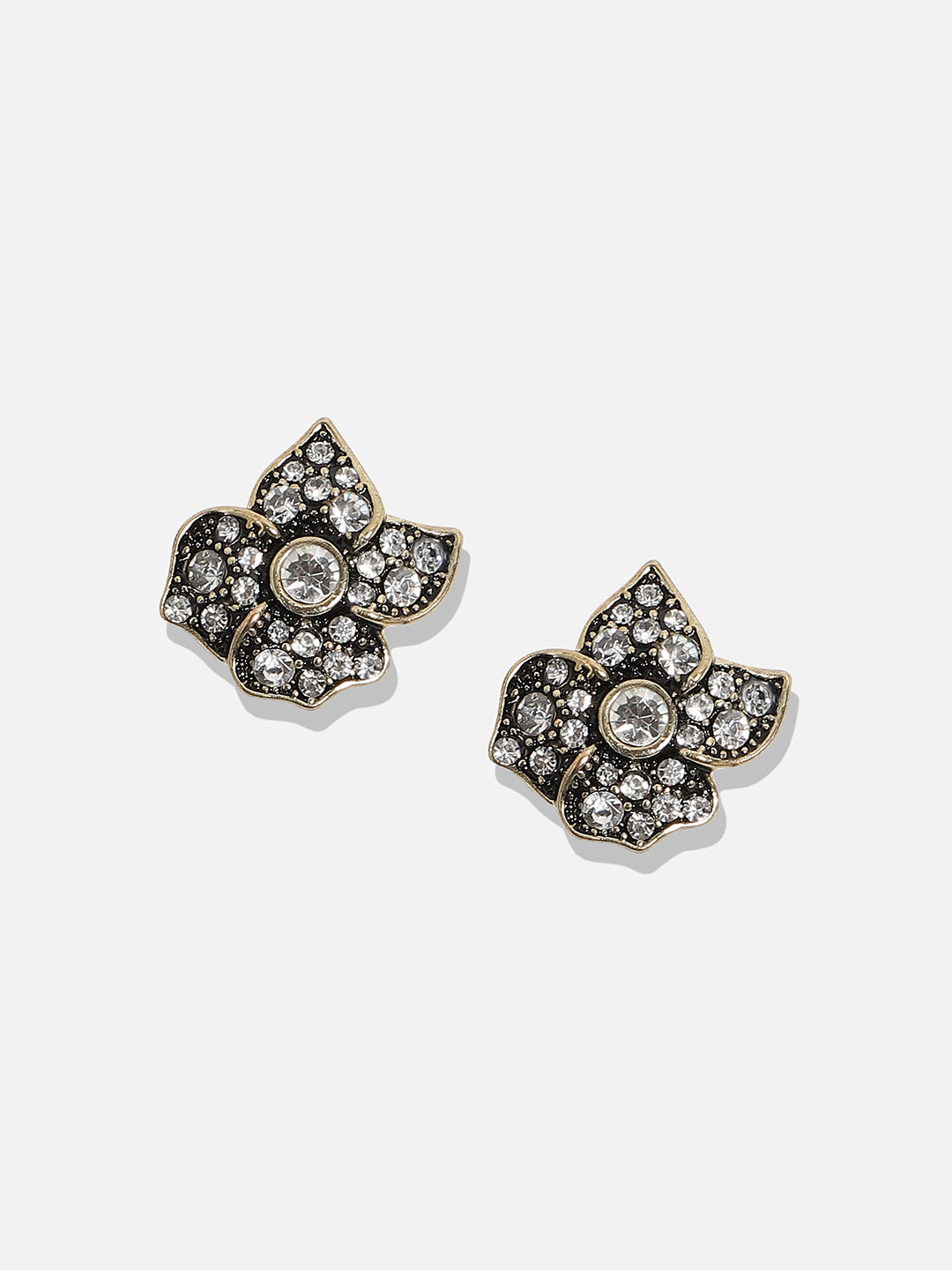 Women Gold plated rhinestones black flower stud earring