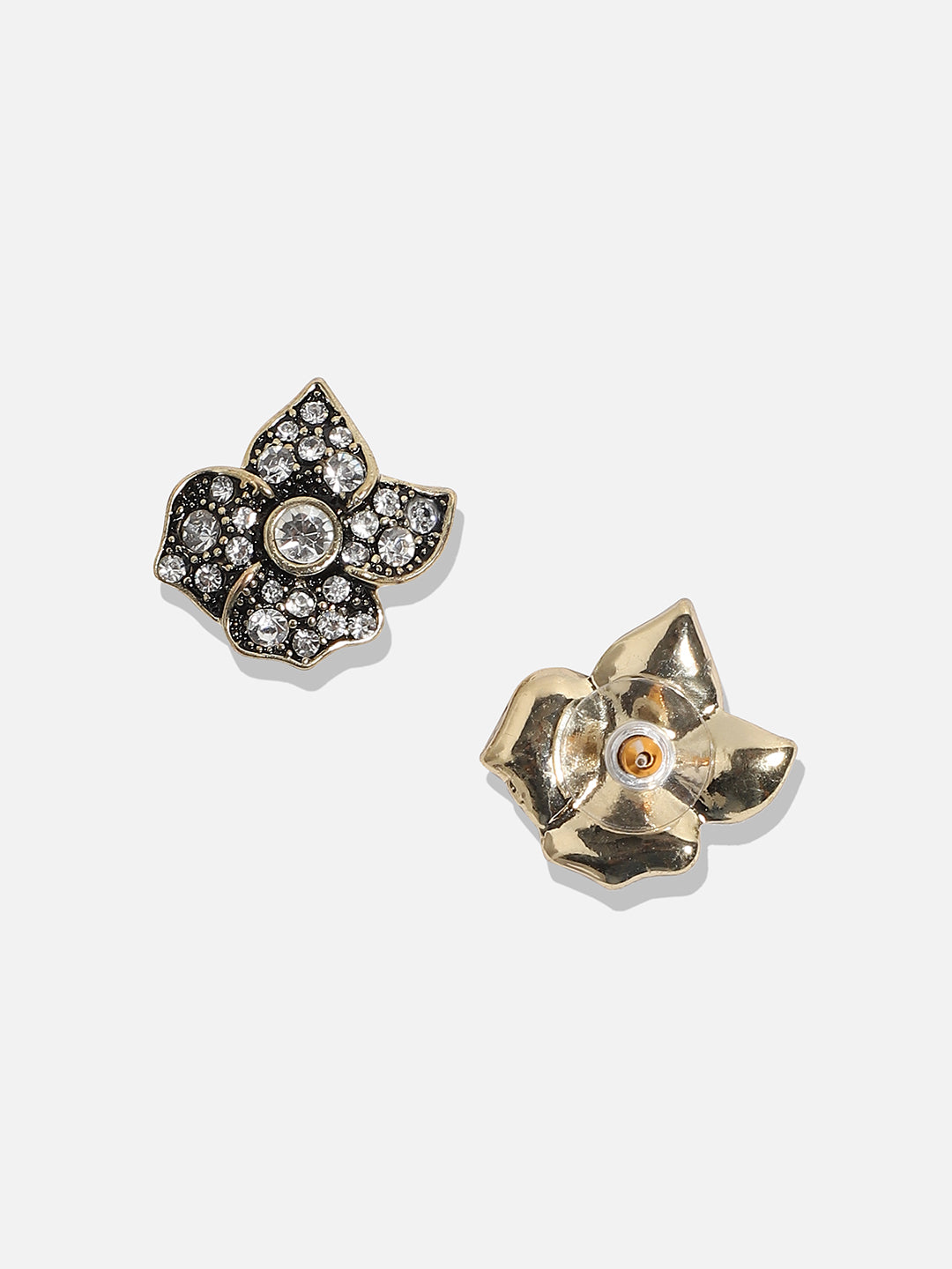 Women Gold plated rhinestones black flower stud earring