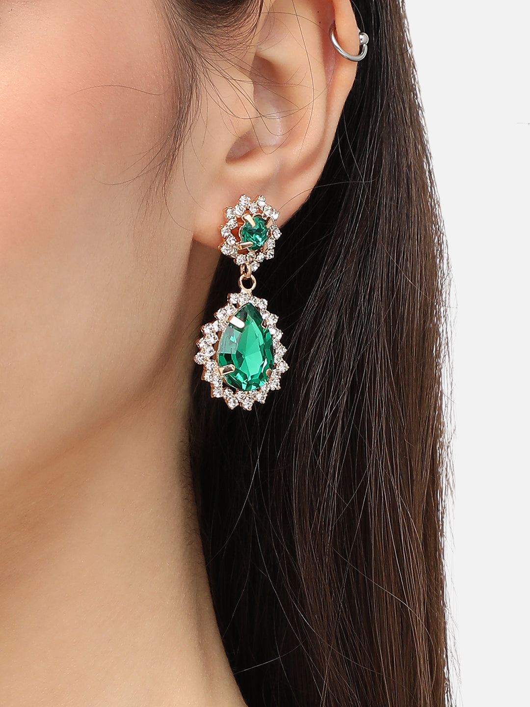 Women Green Gold Plated Designer Stone Party Drop Earring