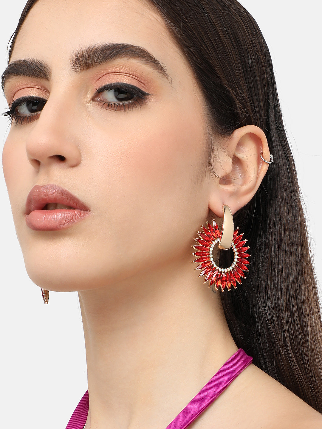 Women Red Gold Plated Designer Stone Party Drop Earring