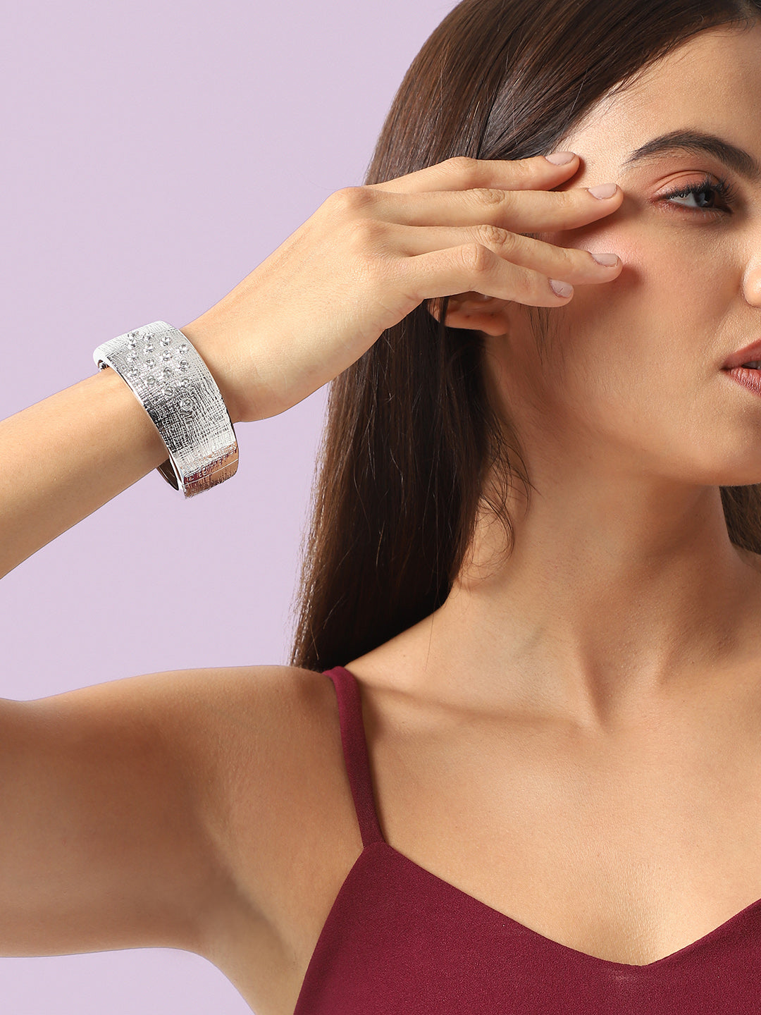 Women Silver Plated Crystal Studded Cuff Bracelet