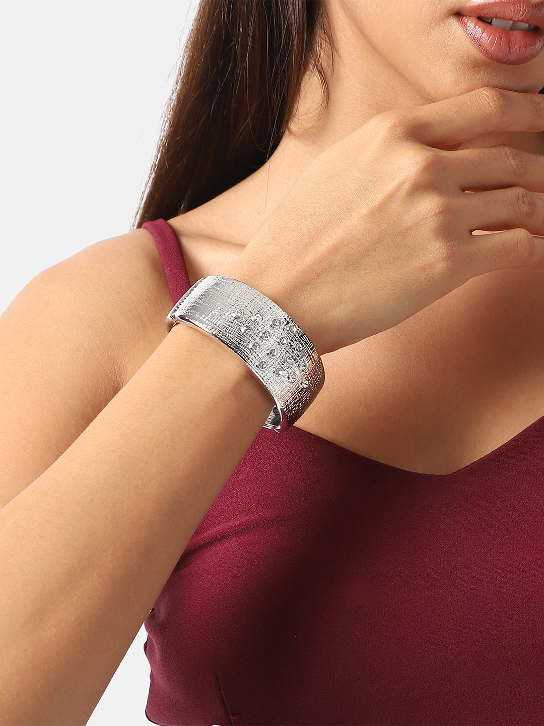 Women Silver Plated Crystal Studded Cuff Bracelet