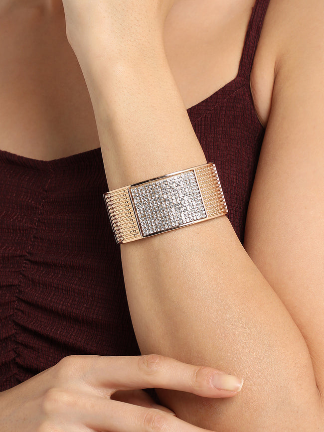 Women Gold-Plated Stone Cluster Cuff Bracelet