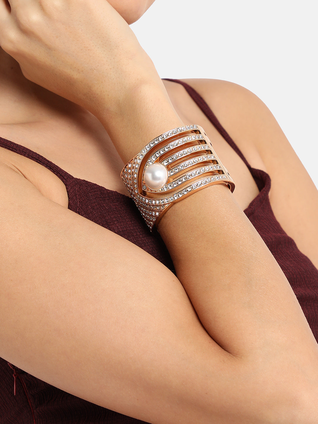 Women Gold-Plated Artificial Stones Cuff Bracelet
