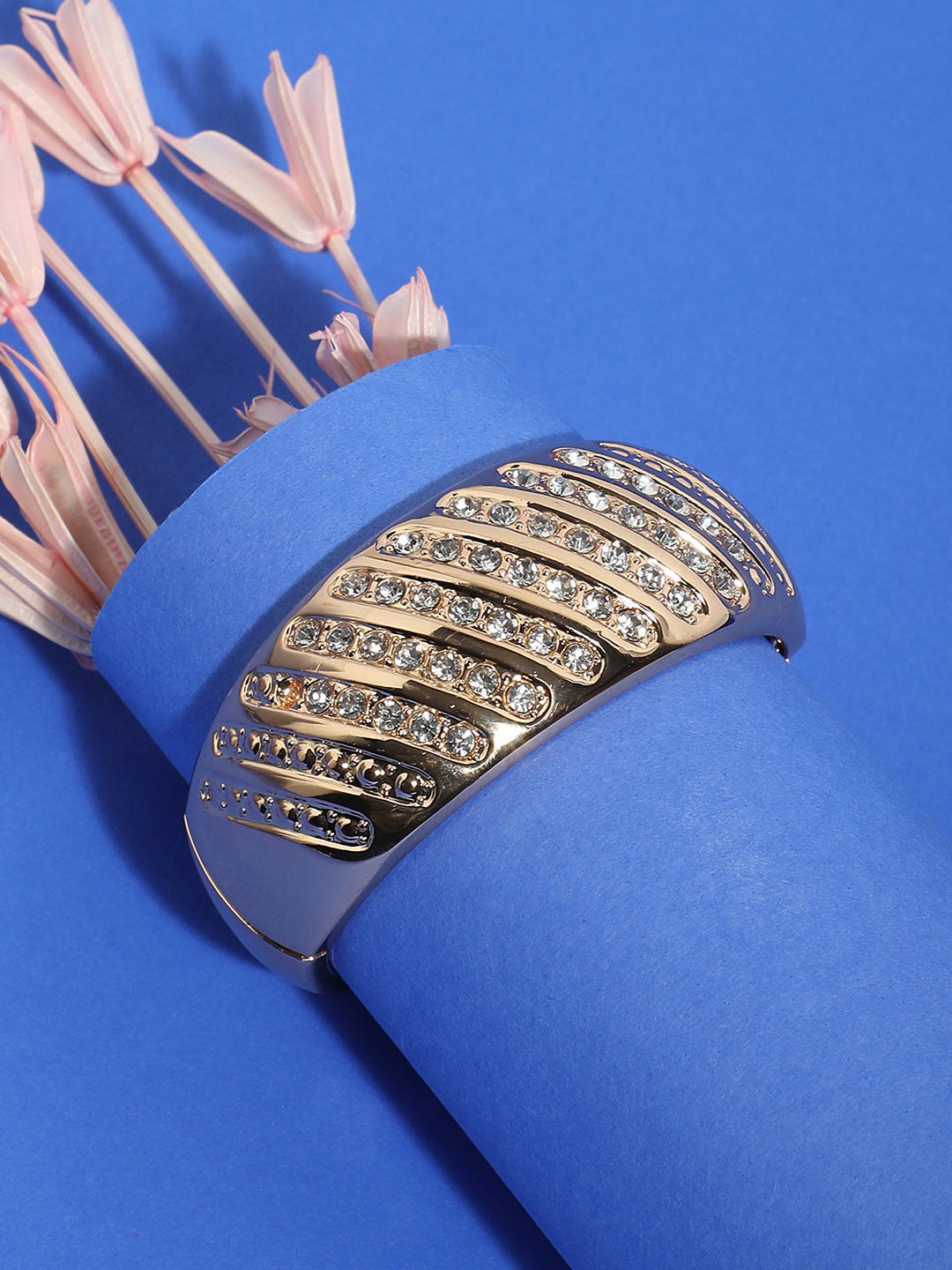 Women Gold-Plated Stone Lined Cuff Bracelet
