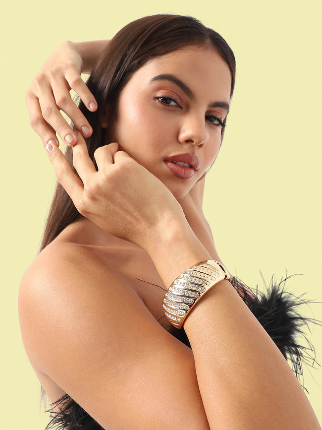 Women Gold-Plated Stone Lined Cuff Bracelet