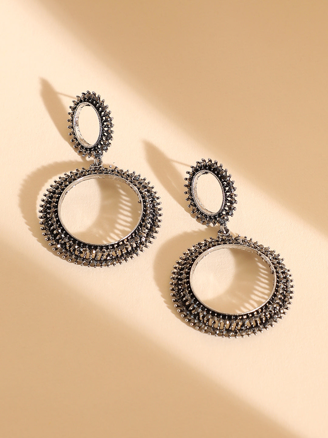 Women Silver Circular Crystal Drop Earringss
