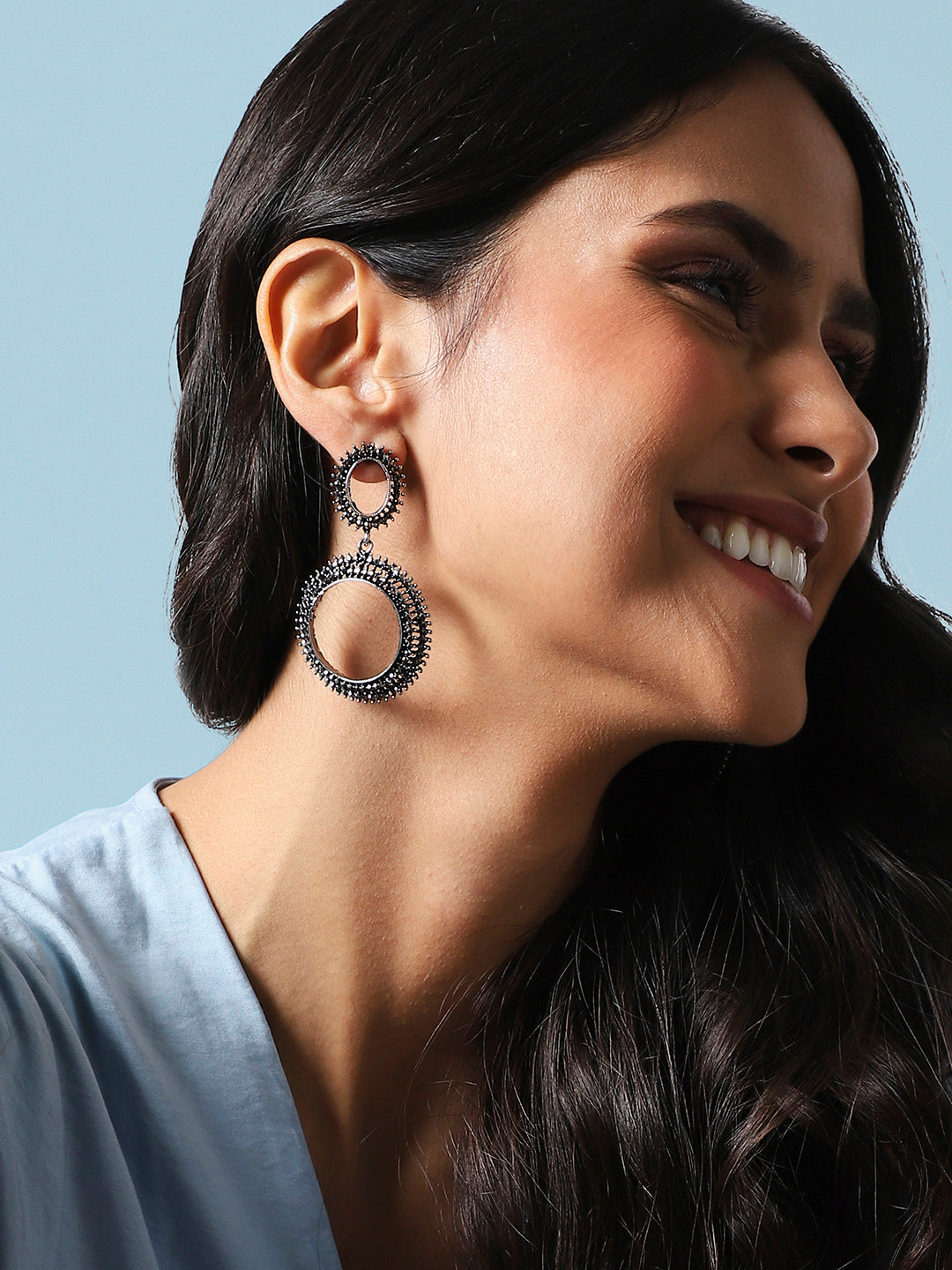 Women Silver Circular Crystal Drop Earringss